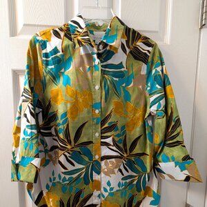 Chico's Tropical Floral Palm Leaf Button-Up Blouse - Sz Sm - Green/Blue/Gold